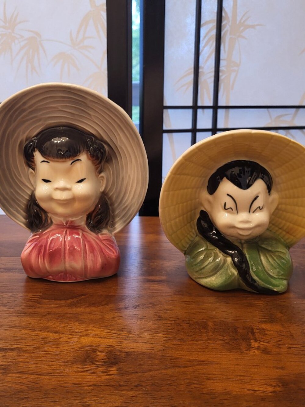 Set of 2 50s Royal Copley Asian Oriental Girl and Boy Wall Pocket Planters